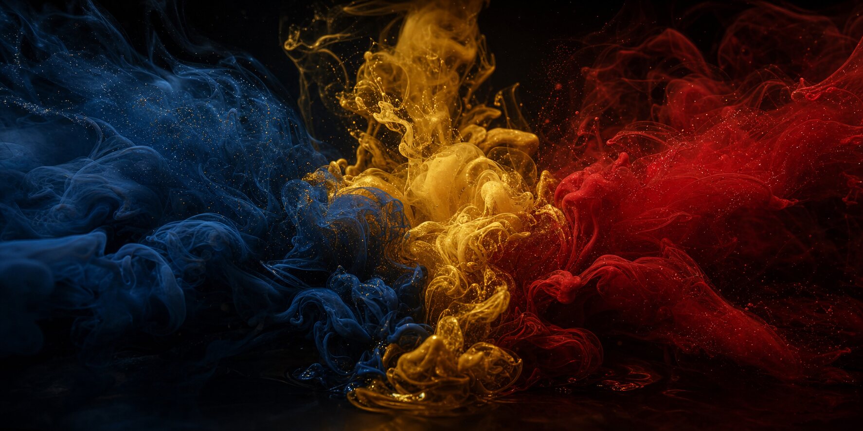 Blue, gold and red ink converging in water